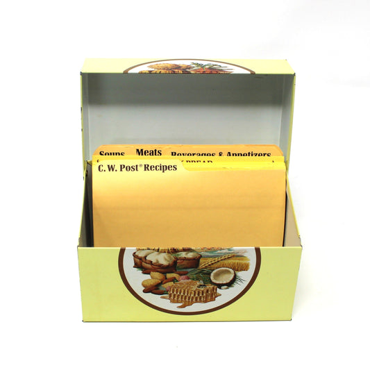 Recipe Box, C.W. Post Cereal, Retro Kitchen, Grains Theme, Includes Orig. Recipe Cards, Metal, Vintage