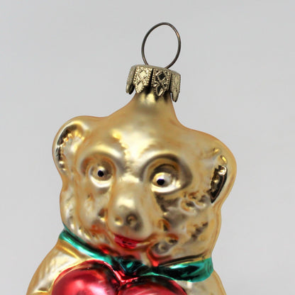 Ornament, Whitehurst, Figural Bear with Heart, Gold and Red, Vintage Germany