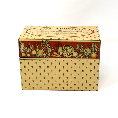 Vintage recipe box from Bon Appetit.  Decorative box with a vegetables pattern lid. Hinged metal box.