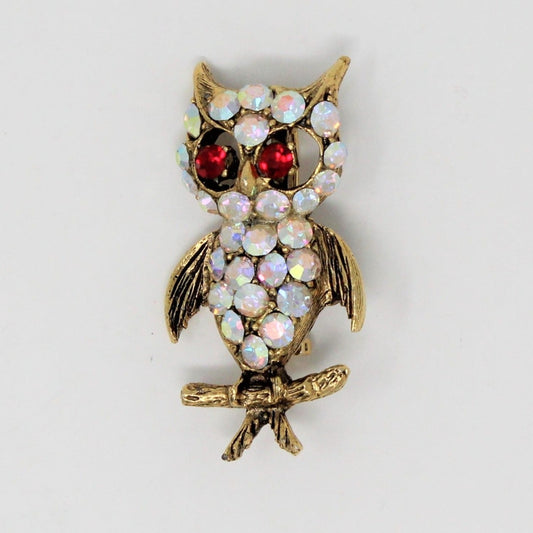 Brooch / Pin, Figural Owl, Aurora Borealis & Ruby Red Rhinestones, Antique Gold Tone, Vintage