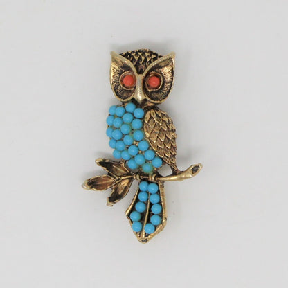 Brooch / Pin, Figural Owl, Faux Turquoise and Coral Beads, Antique Gold Tone, Vintage