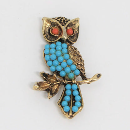 Brooch / Pin, Figural Owl, Faux Turquoise and Coral Beads, Antique Gold Tone, Vintage