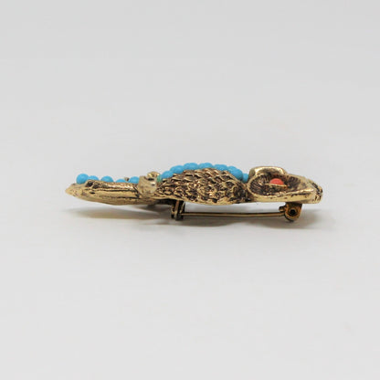 Brooch / Pin, Figural Owl, Faux Turquoise and Coral Beads, Antique Gold Tone, Vintage