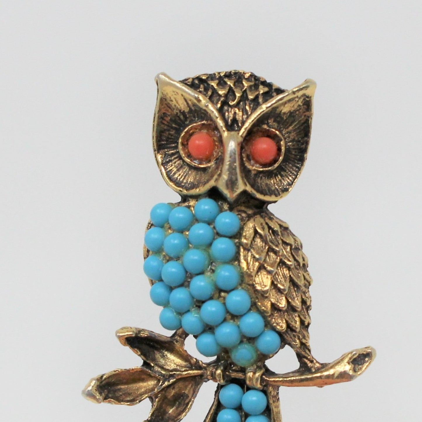 Brooch / Pin, Figural Owl, Faux Turquoise and Coral Beads, Antique Gold Tone, Vintage