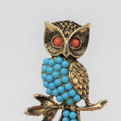 Pin / Brooch, Figural Owl, Faux Turquoise and Coral Beads, Antique Gold Tone, Vintage