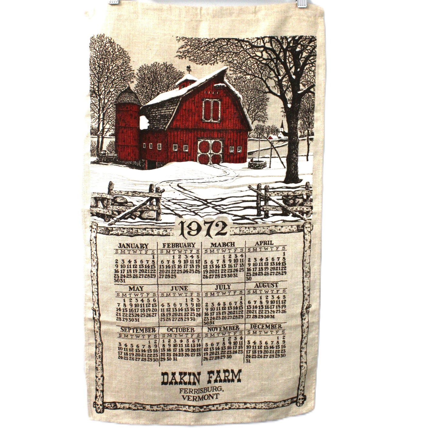 Vintage Calendar linen tea towel.  1972 Dakin Farm Advertising collectible.  Kitchen Decor.