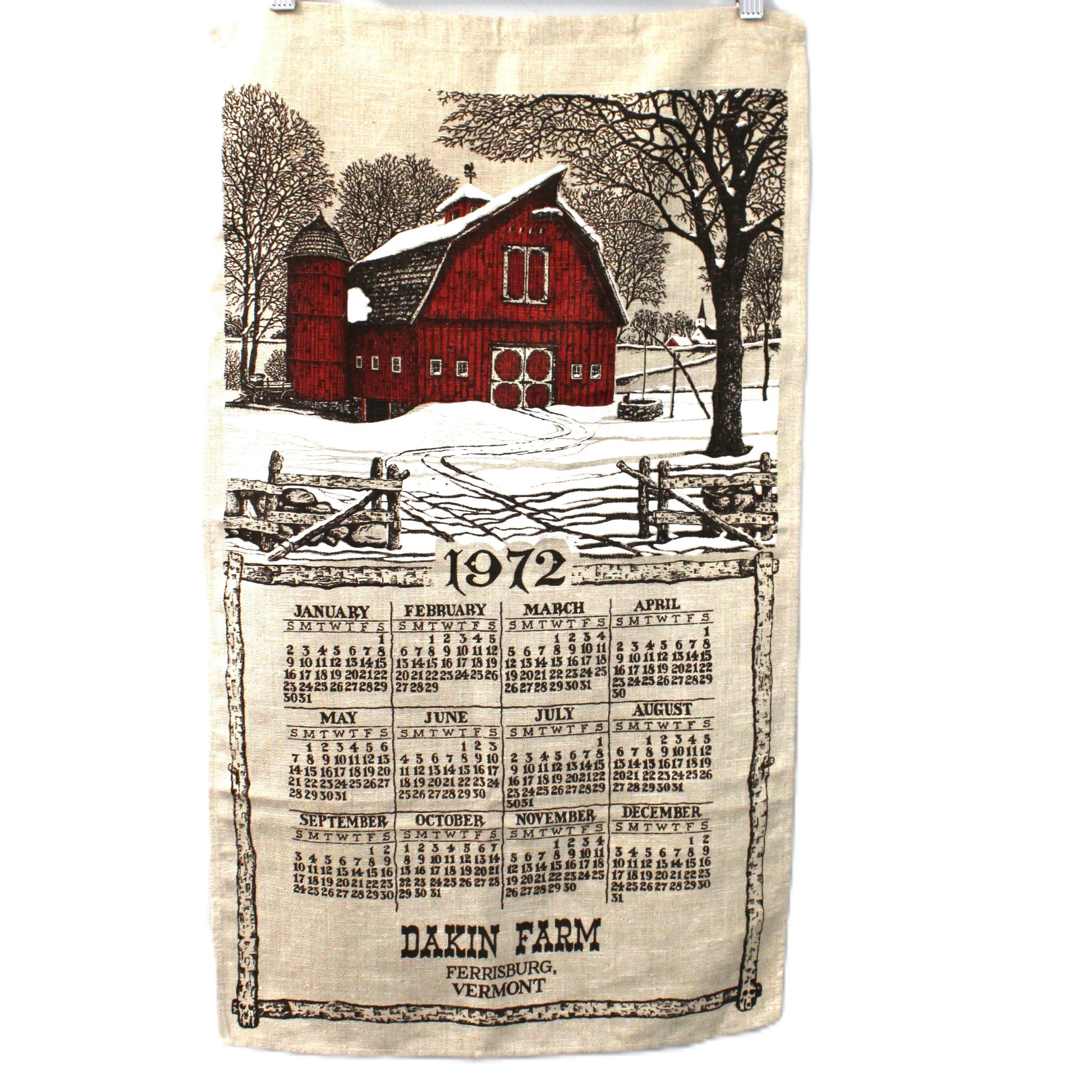 Vintage Calendar linen tea towel.  1972 Dakin Farm Advertising collectible.  Kitchen Decor.