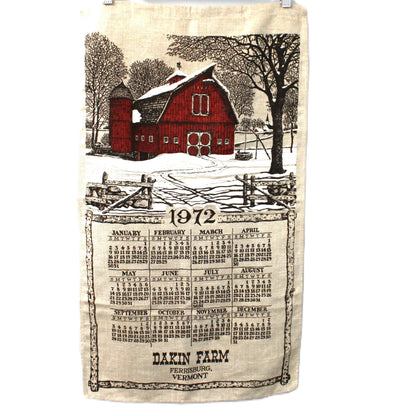 Vintage Calendar linen tea towel.  1972 Dakin Farm Advertising collectible.  Kitchen Decor.