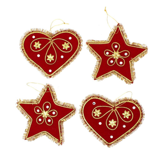 Ornaments, Stars and Hearts, Hand Made, Red Felt with Gold & Silver Beads, Set of 4, Vintage