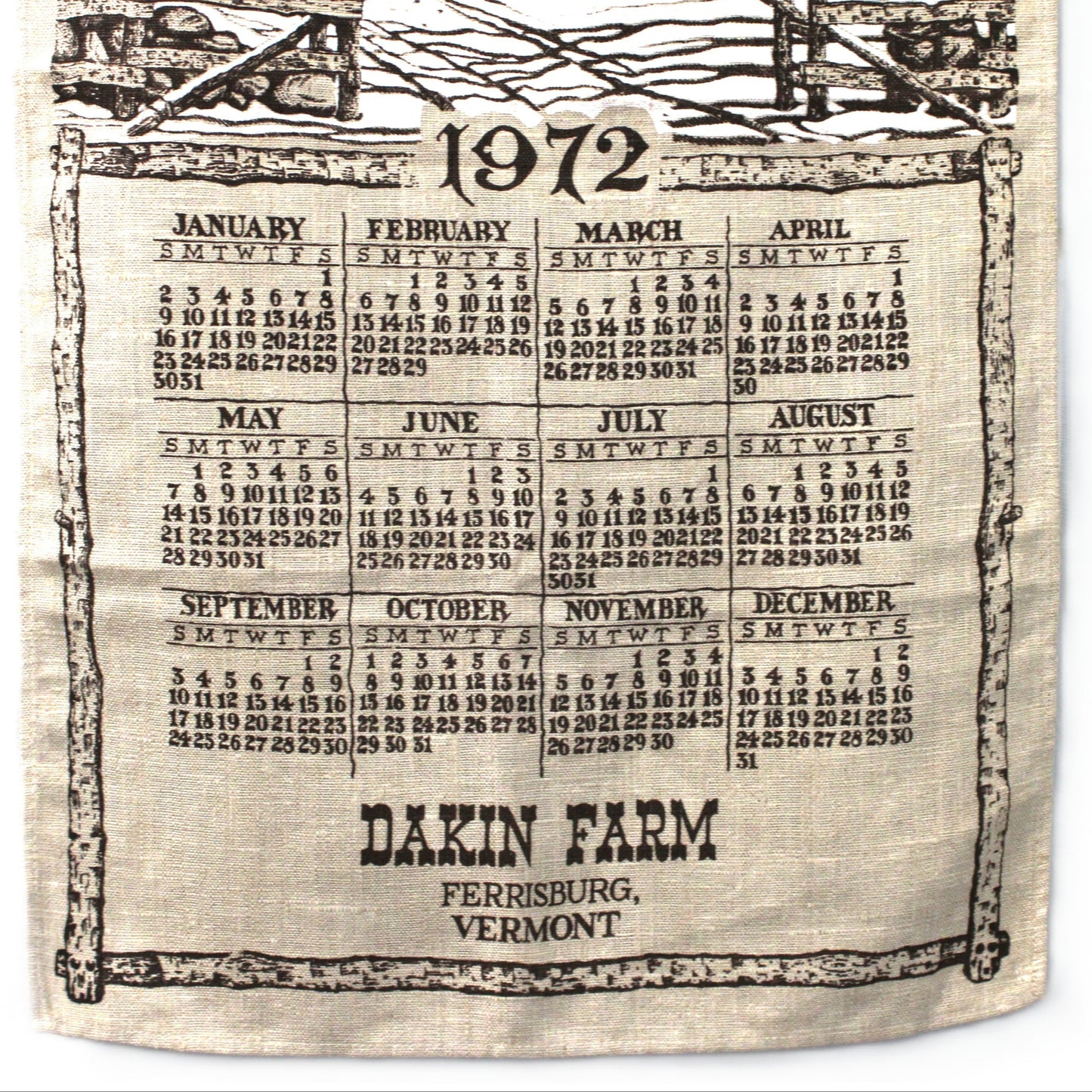Calendar with vintage farm scene and 1972 design on a white background