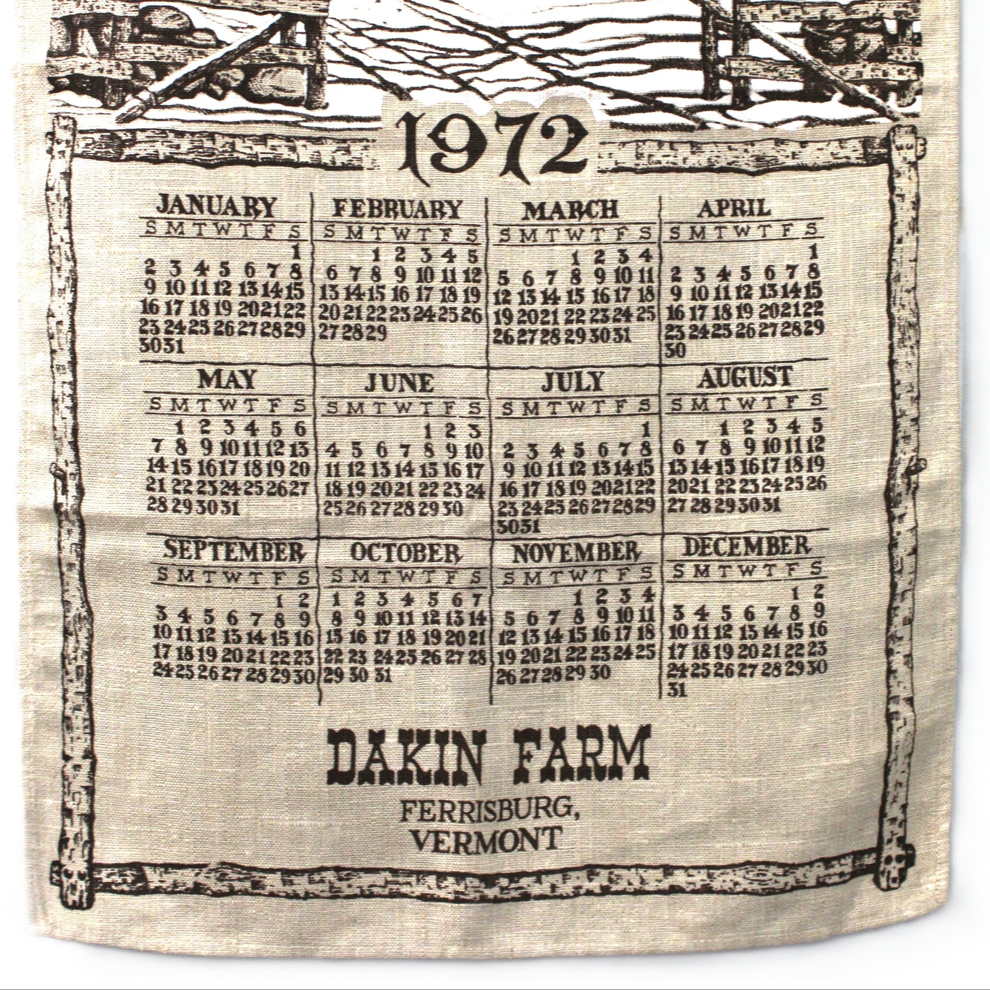 Calendar with vintage farm scene and 1972 design on a white background