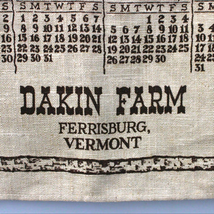 Calendar, Tea Towel, 1972 Kay Dee, Red Barn in Winter, Dakin Farm VT, Vintage Linen