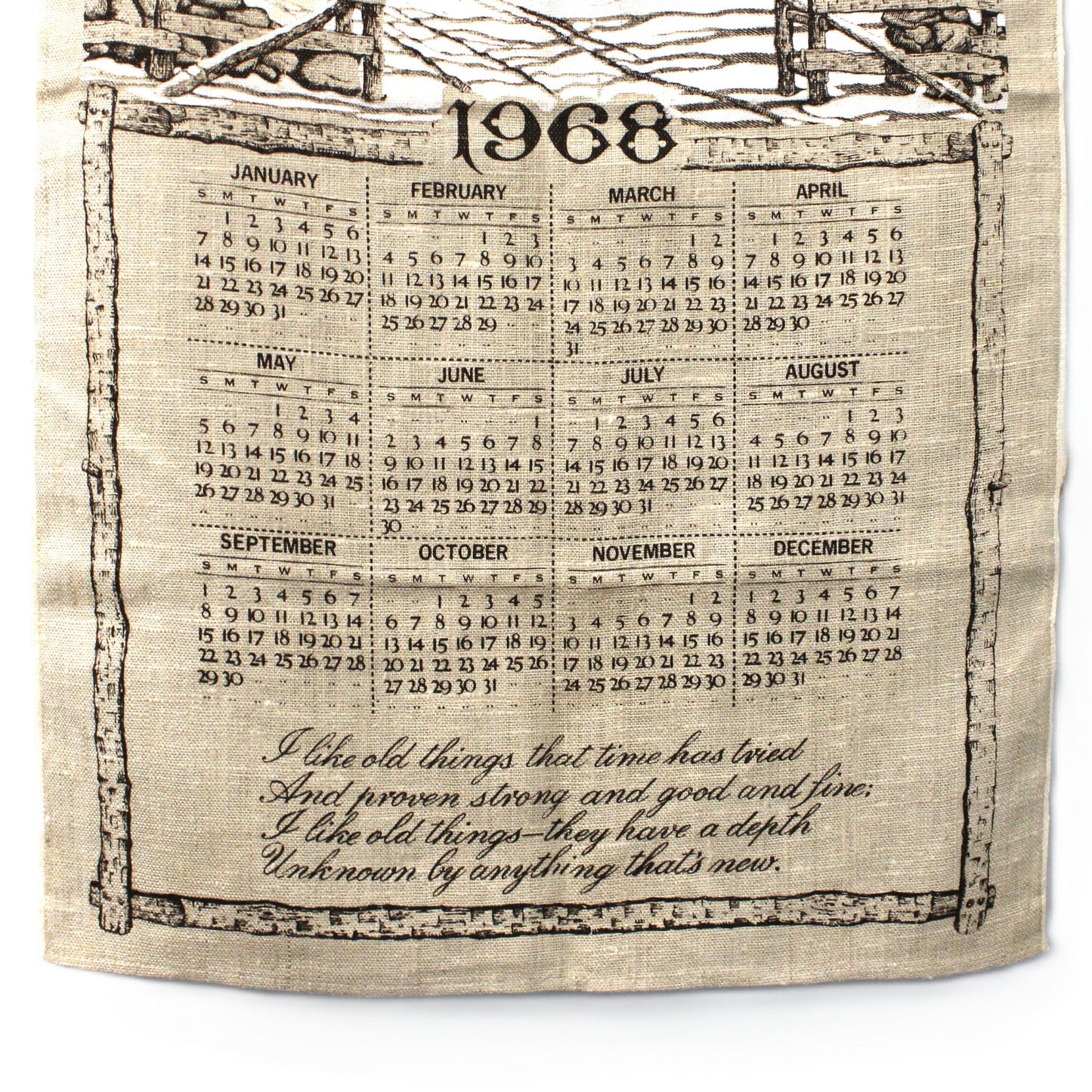 Calendar, Tea Towel, 1968 Kay Dee, Red Barn in Winter, Wallace Stevens Poem, Vintage Linen