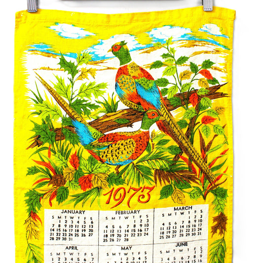 Calendar, Tea Towel, 1973, Parisian Prints, Pheasants, Game Birds, Linen, Vintage