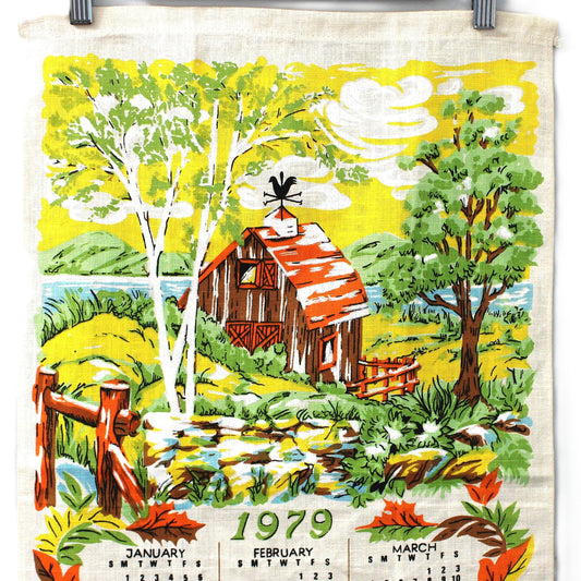 Calendar, Tea Towel, 1979, Fall Country Barn, Linen, Vintage