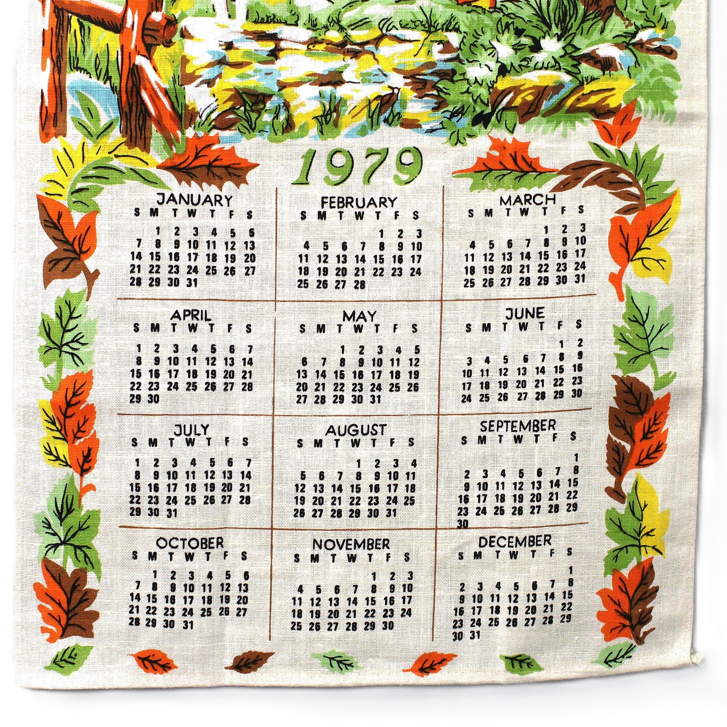 Calendar, Tea Towel, 1979, Fall Country Barn, Linen, Vintage