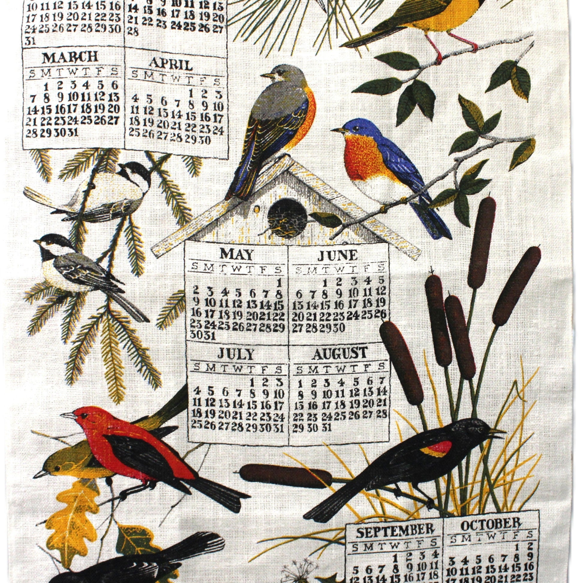 Vintage Calendar tea towel with bird illustrations on a white background