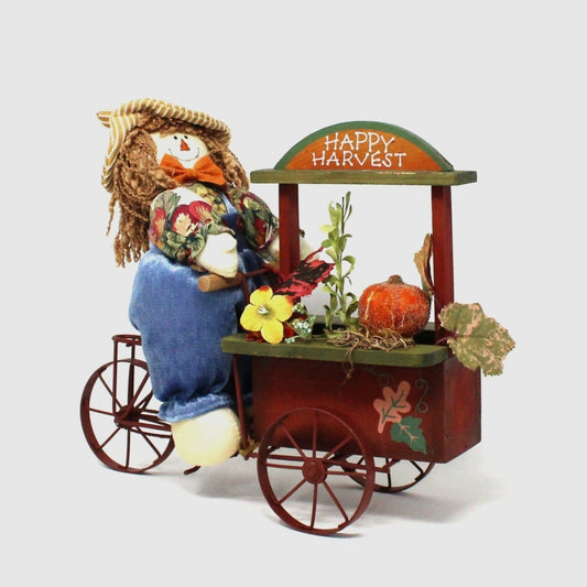 Figurine, Happy Harvest Scarecrow Riding Flower Vendor Cart, Fall, Vintage