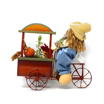 Figurine, Happy Harvest Scarecrow Riding Flower Vendor Cart, Fall, Vintage