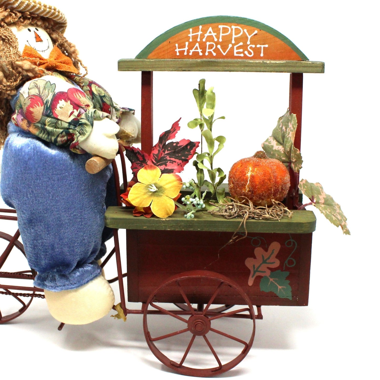 Figurine, Happy Harvest Scarecrow Riding Flower Vendor Cart, Fall, Vintage