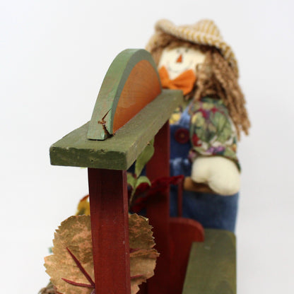 Figurine, Happy Harvest Scarecrow Riding Flower Vendor Cart, Fall, Vintage