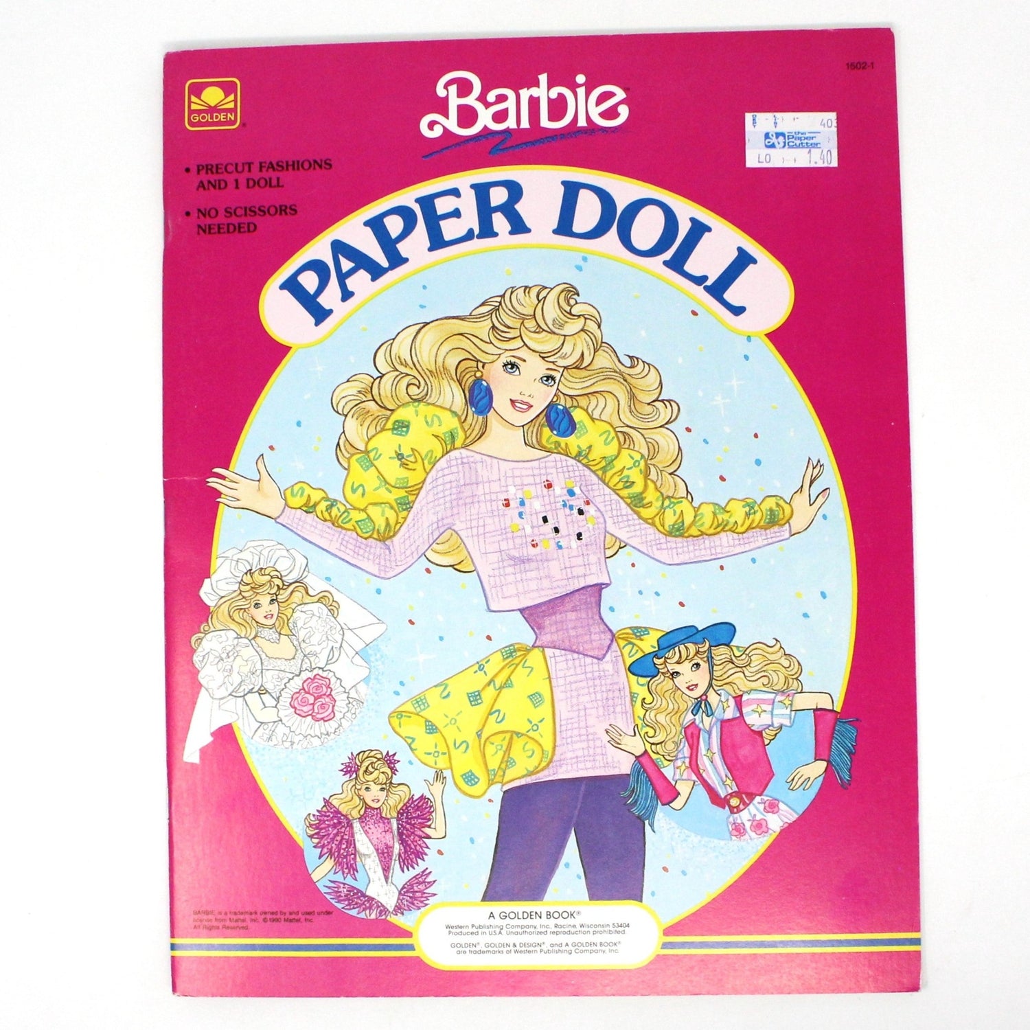Vintage Barbie 1990 Paper Doll book by Golden, showing illustrations of the doll with different outfits. Uncut, Pristine Collectible