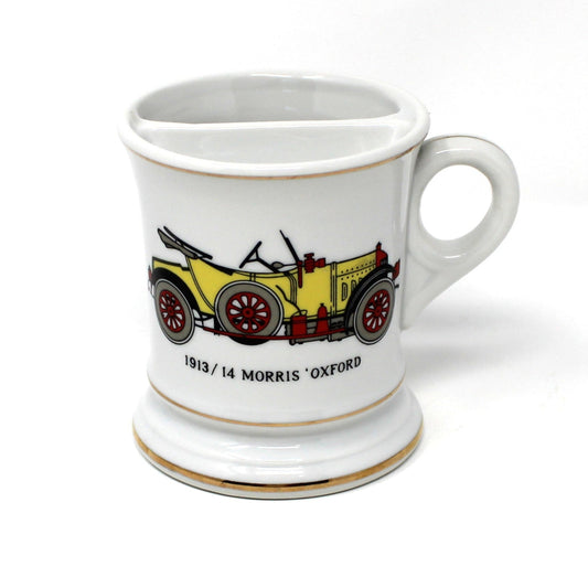 Vintage Shaving Mug, white with a vintage car design, Morris Oxford, and gold rims.