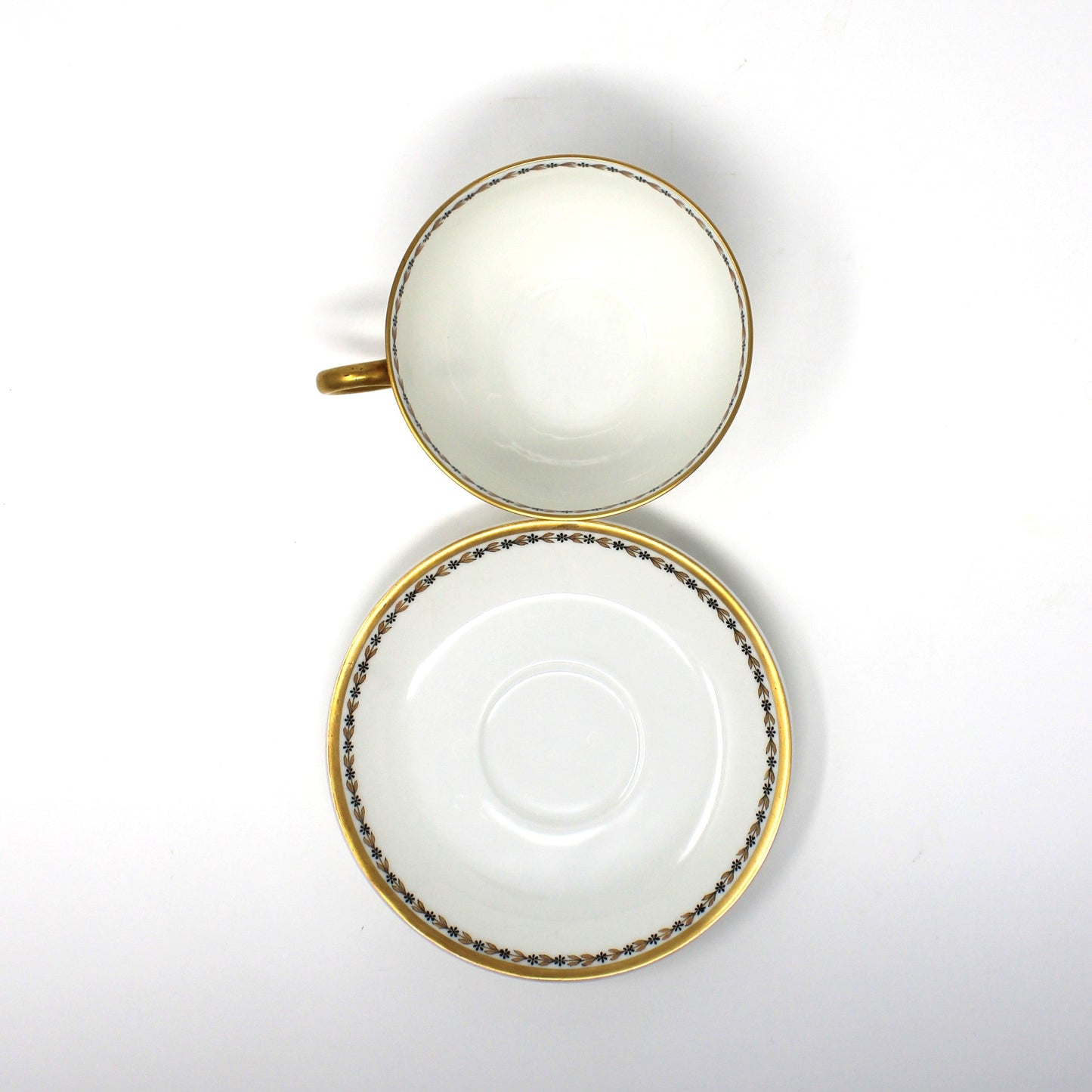 Teacup and Saucer, Haviland & Co Limoges, Schleiger 795 Laurel Leaves & Black Flowers, France, Antique