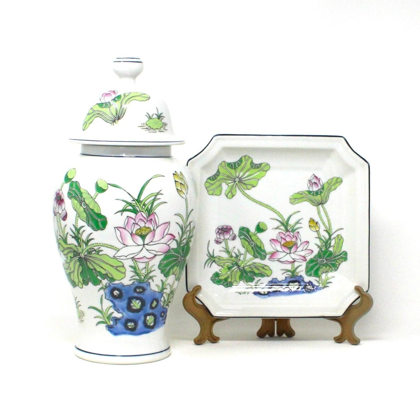 Ginger Jar / Temple Jar & Plate, Andrea by Sadek, Lotus Flower #9125. Porcelain, Vintage Japan