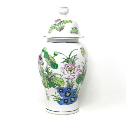 Ginger Jar / Temple Jar & Plate, Andrea by Sadek, Lotus Flower #9125. Porcelain, Vintage Japan