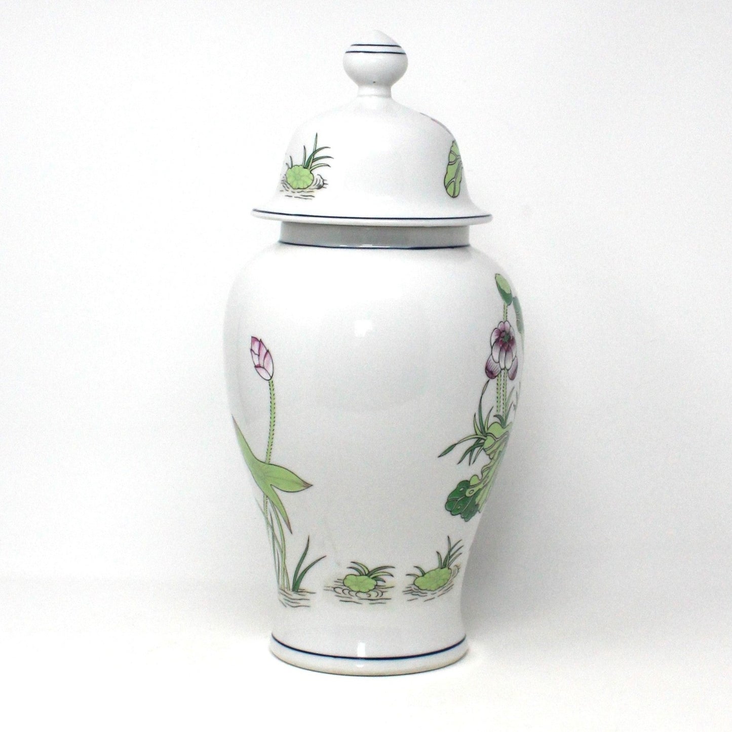 Ginger Jar / Temple Jar & Plate, Andrea by Sadek, Lotus Flower #9125. Porcelain, Vintage Japan