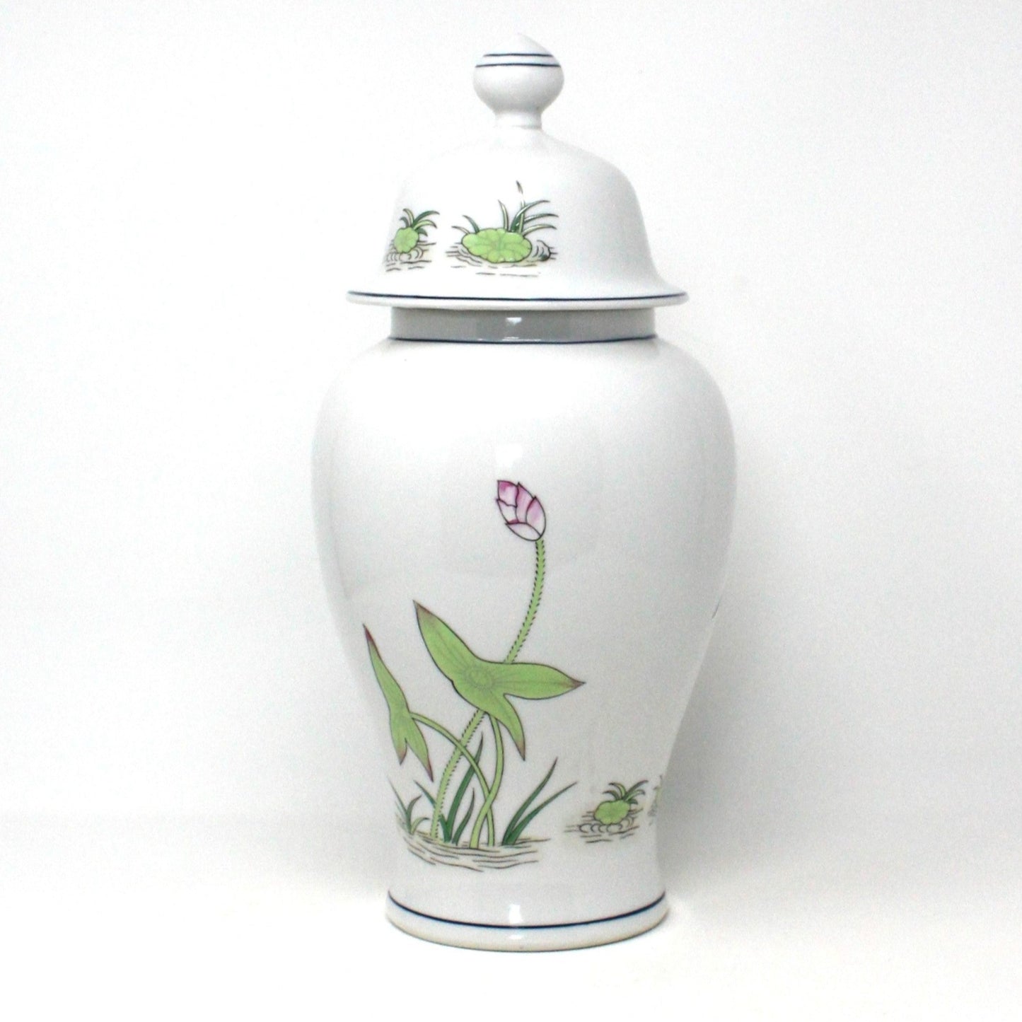 Ginger Jar / Temple Jar & Plate, Andrea by Sadek, Lotus Flower #9125. Porcelain, Vintage Japan