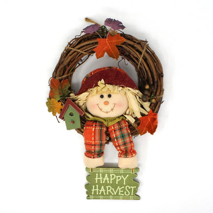Wreath, Happy Harvest Scarecrow Vine Wreath with Fall Leaves, Vintage