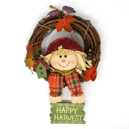 Wreath, Happy Harvest Scarecrow Vine Wreath with Fall Leaves, Vintage