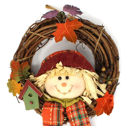 Wreath, Happy Harvest Scarecrow Vine Wreath with Fall Leaves, Vintage