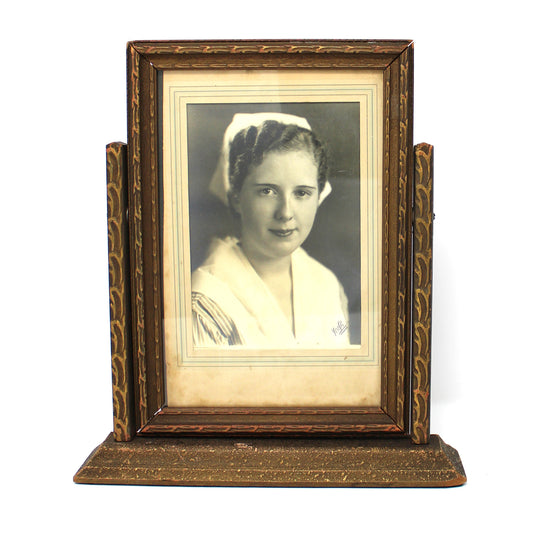 Vintage Photo Frame, Art Deco Carved Wood Swing / Swivel Frame with Glass with 1940's Original Photo Nurse in Marvin Neitzel Uniform.