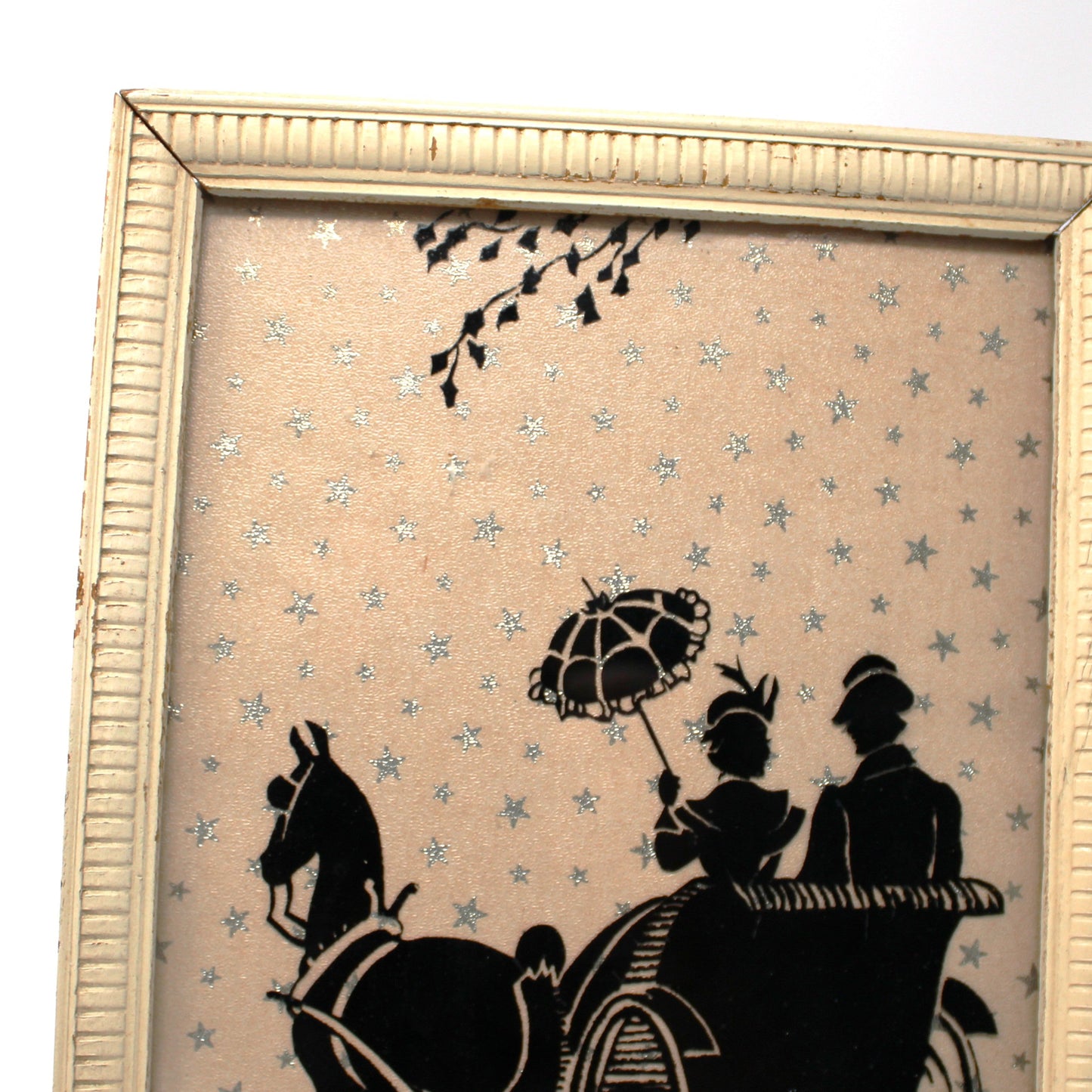 Silhouette, Reverse Painted with Foil, Victorian Couple on Horse & Buggy, Foil Stars, Framed, Vintage