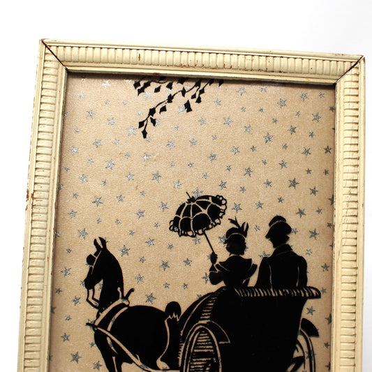 Silhouette, Reverse Painted with Foil, Victorian Couple on Horse & Buggy, Foil Stars, Framed, Vintage
