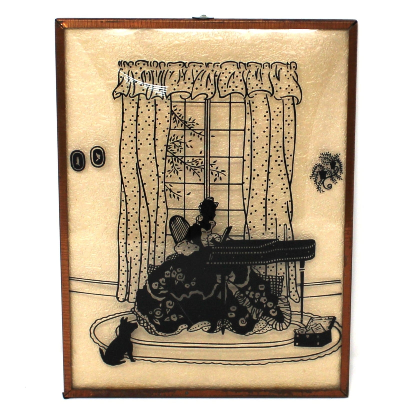 Vintage Framed Silhouette, Reverse Painted Convex Glass. Victorian Woman Playing Piano by a Large Window. Collectible Art, USA 1930's - 1940's 
