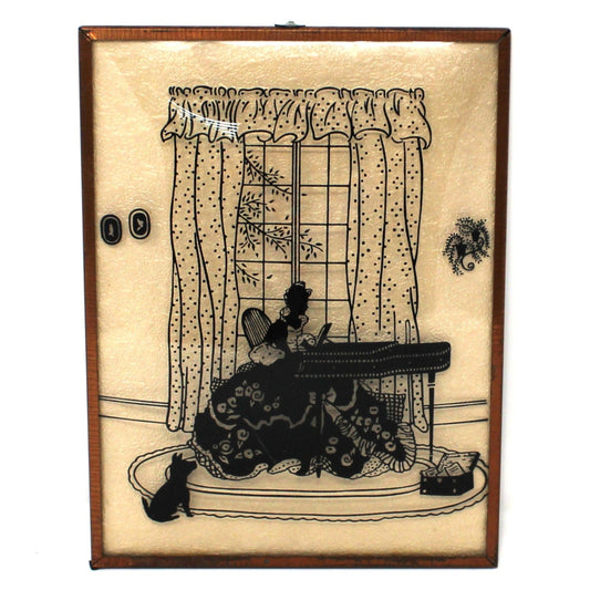 Vintage Framed Silhouette, Reverse Painted Convex Glass. Victorian Woman Playing Piano by a Large Window. Collectible Art, USA 1930's - 1940's 