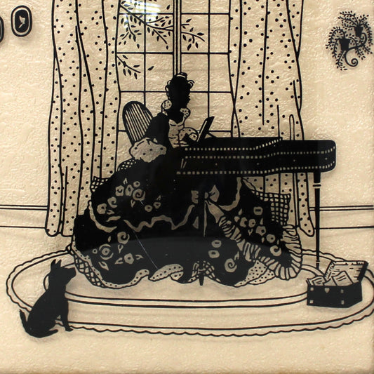 Silhouette, Reverse Painted Convex Glass, Victorian Woman Playing Piano by Window, Framed, Vintage