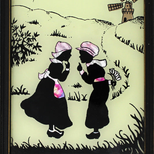 Silhouette, Reverse Painted Glass with Color Foil, Dutch Boy & Girl by Windmill, Framed, Vintage