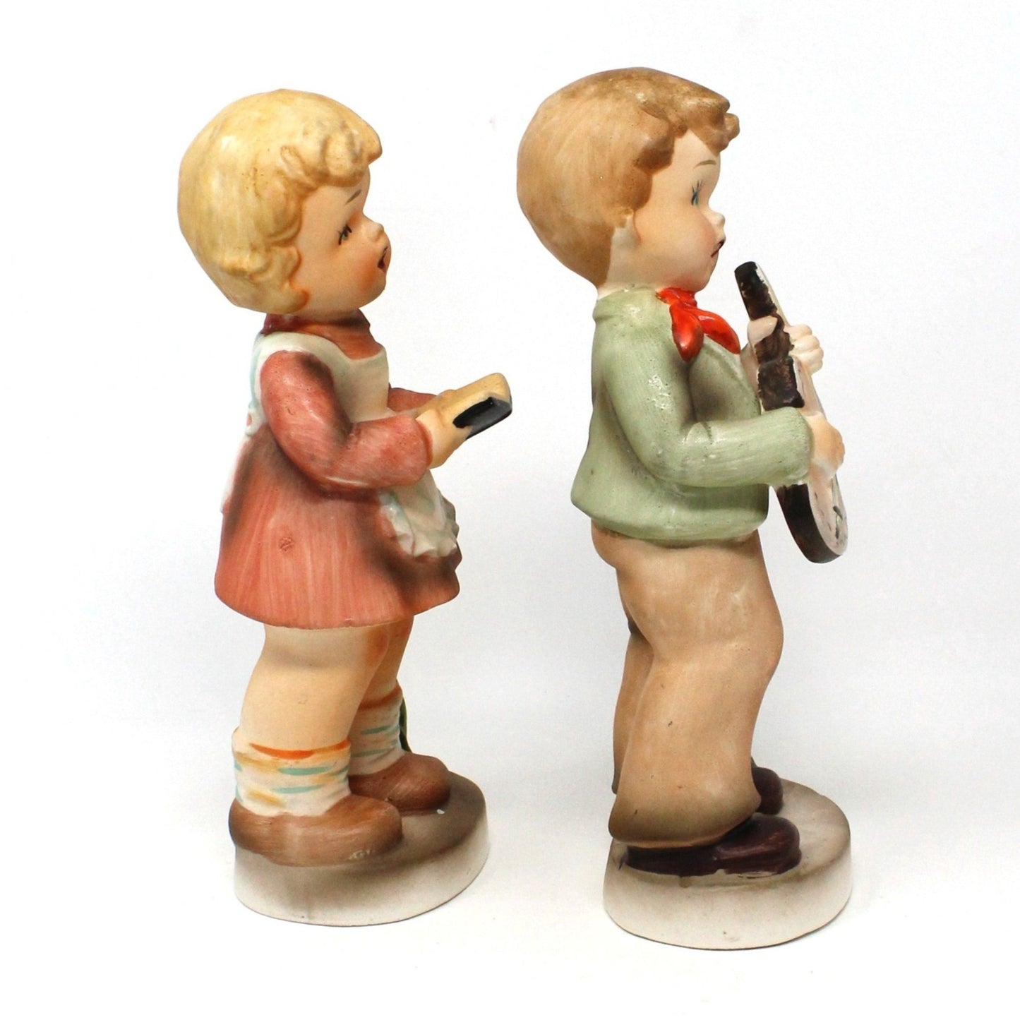 Figurine, Enesco, Boy Playing Guitar, Girl Singing Hand Painted, Vintage Set of 2