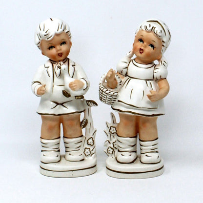 Figurine, Relco, Boy and Girl, Hand Painted White & Gold, Vintage Set of 2