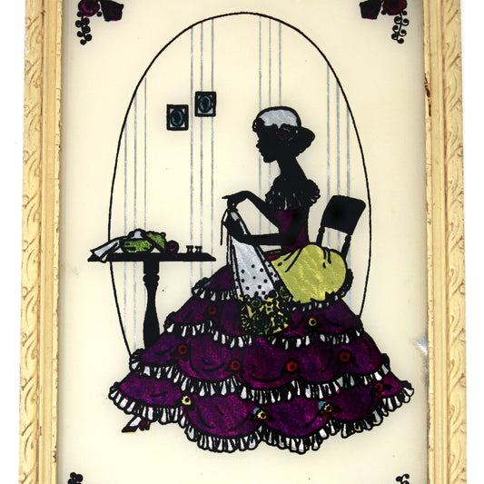 Silhouette, Reverse Painted Glass with Color Foil, Victorian Woman Sewing, Framed, Vintage