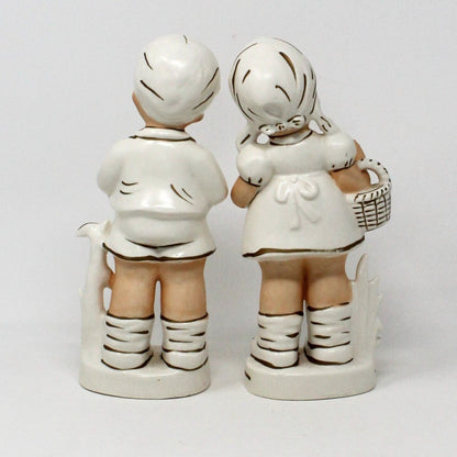 Figurine, Relco, Boy and Girl, Hand Painted White & Gold, Vintage Set of 2