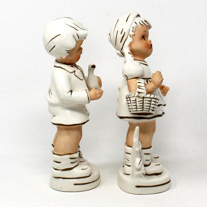 Figurine, Relco, Boy and Girl, Hand Painted White & Gold, Vintage Set of 2