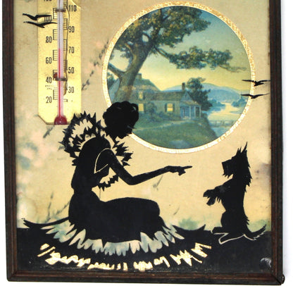 Advertising Thermometer, Reverse Painted Silhouette, Lady with Terrier Dog, Cliff's Inn, LA, CA, Vintage