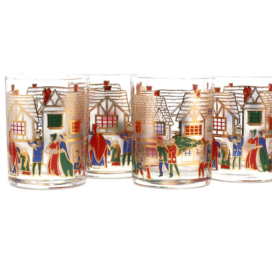 Glasses, Whiskey / Rocks, Culver, Victorian Christmas Cottages Scene, Set of 7, Vintage, SOLD