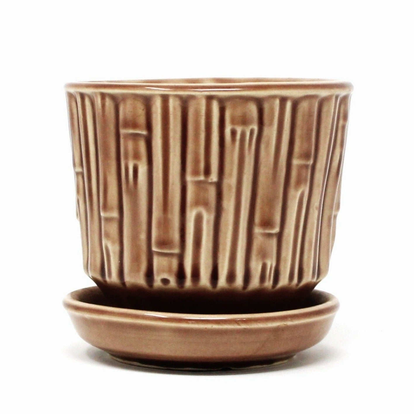 Planter, McCoy Pottery Bamboo with Attached Saucer, 0372 Tan / Brown, Vintage